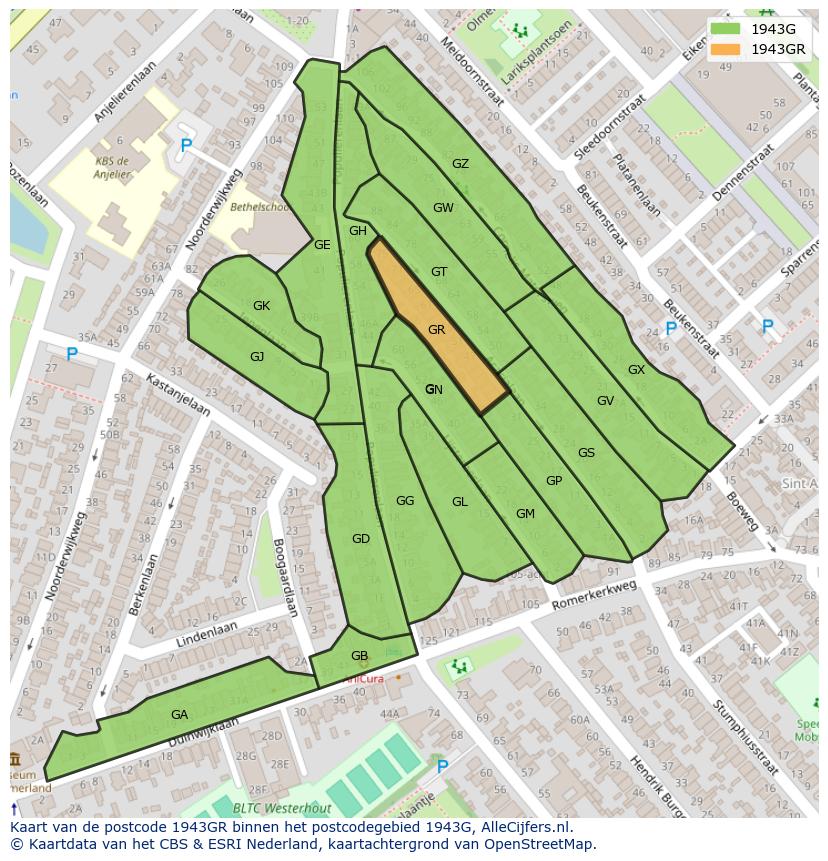 Afbeelding van het postcodegebied 1943 GR op de kaart.