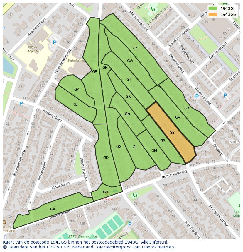 Afbeelding van het postcodegebied 1943 GS op de kaart.