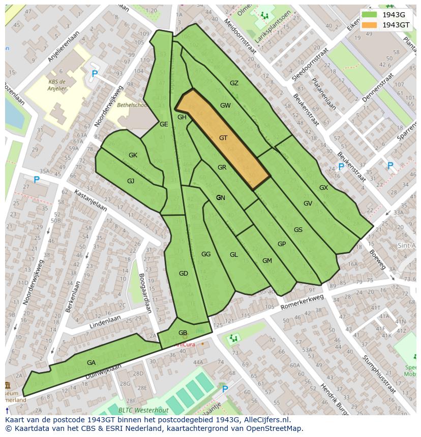 Afbeelding van het postcodegebied 1943 GT op de kaart.