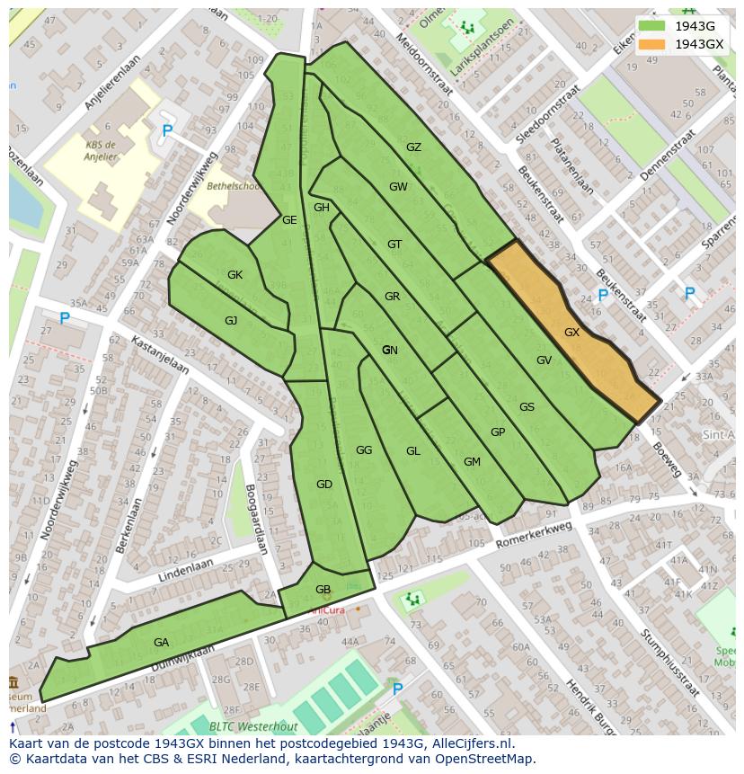 Afbeelding van het postcodegebied 1943 GX op de kaart.