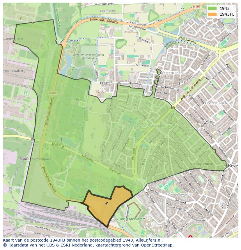 Afbeelding van het postcodegebied 1943 HJ op de kaart.