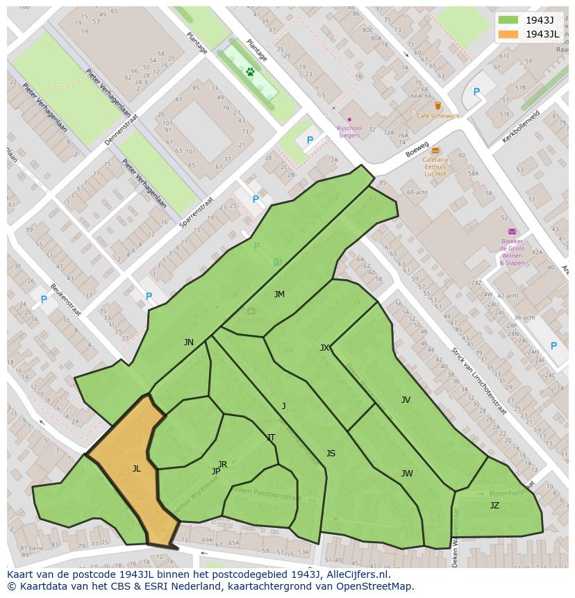 Afbeelding van het postcodegebied 1943 JL op de kaart.