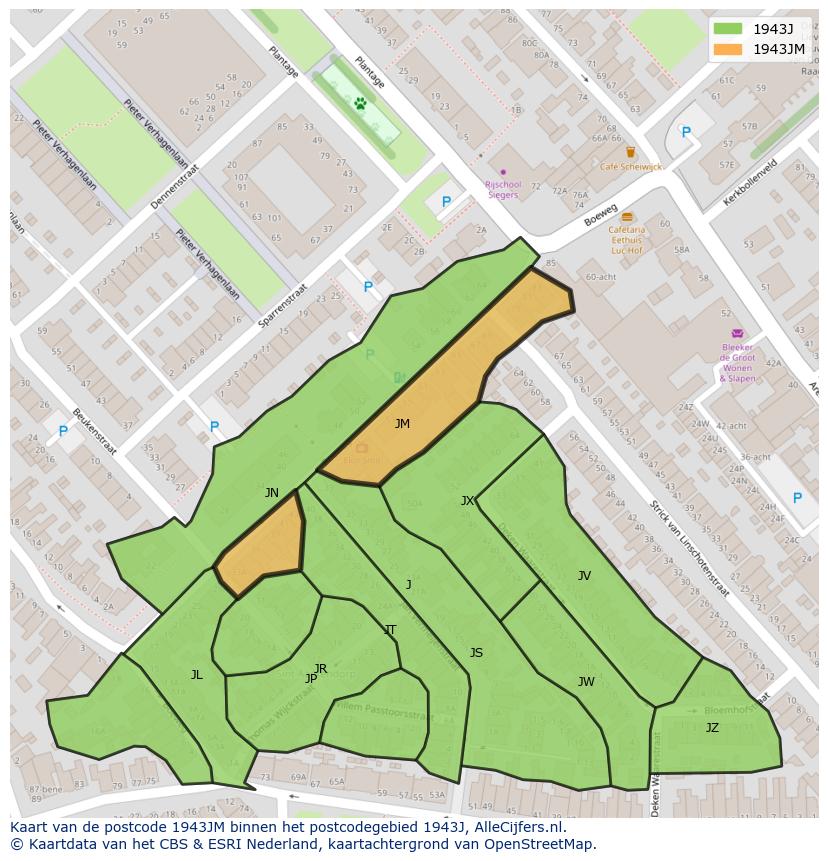 Afbeelding van het postcodegebied 1943 JM op de kaart.