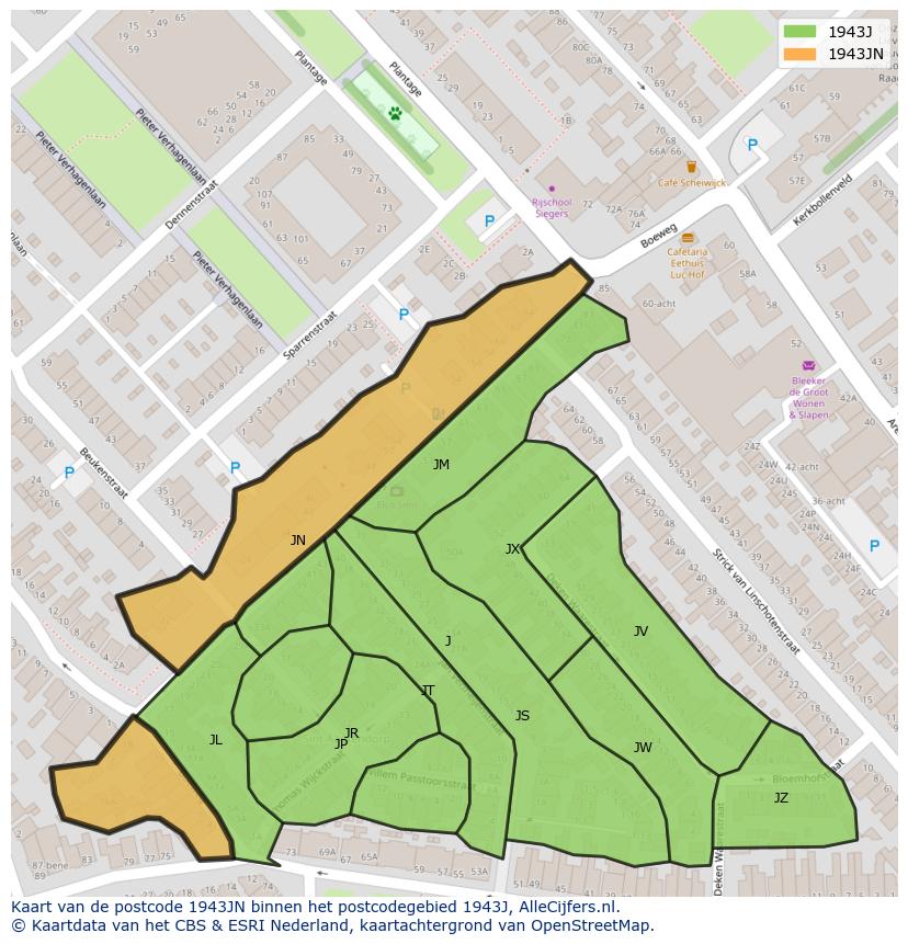 Afbeelding van het postcodegebied 1943 JN op de kaart.