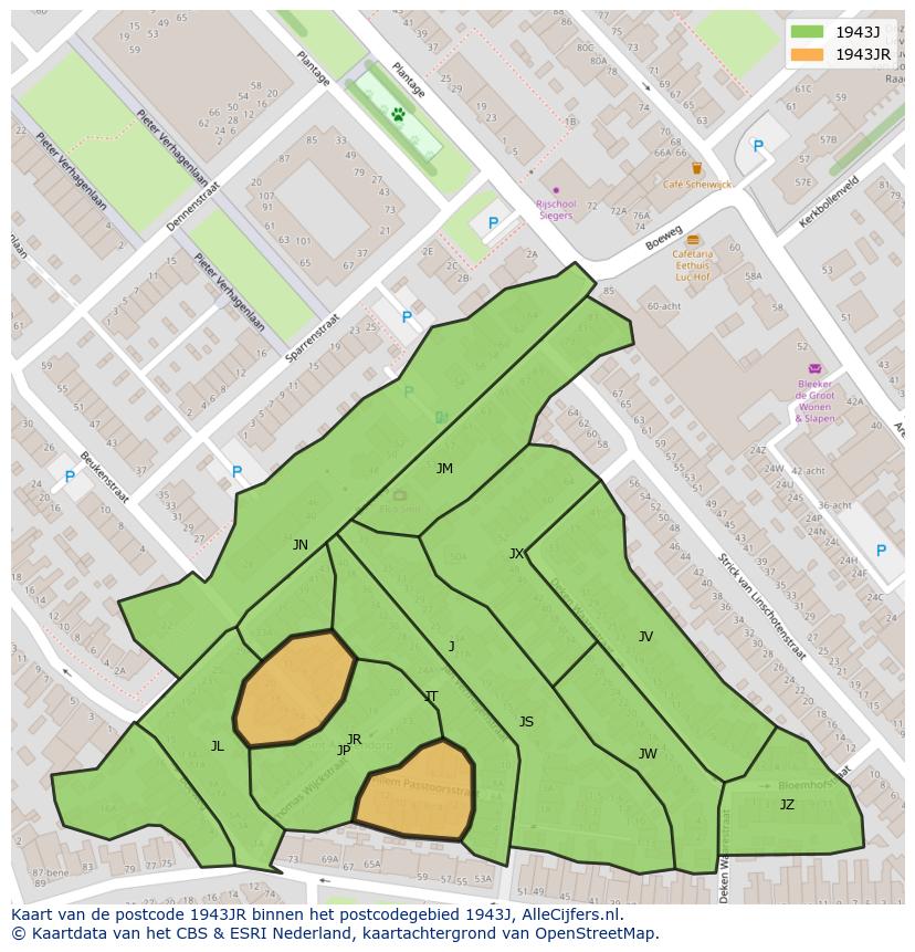 Afbeelding van het postcodegebied 1943 JR op de kaart.