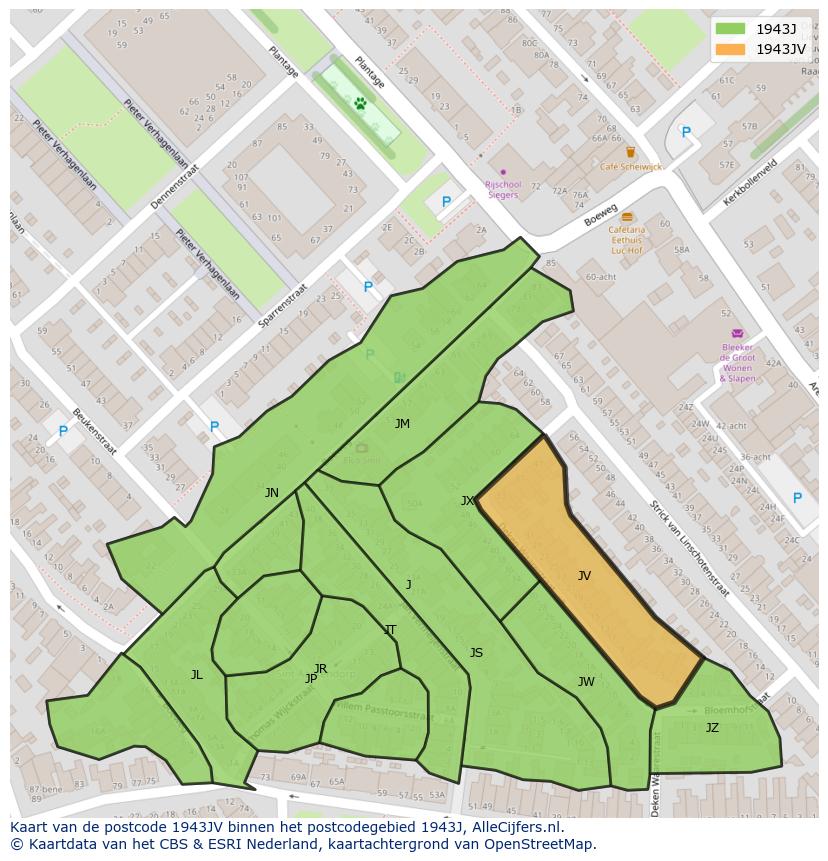 Afbeelding van het postcodegebied 1943 JV op de kaart.