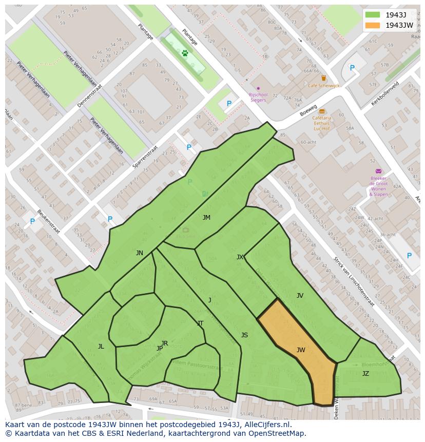 Afbeelding van het postcodegebied 1943 JW op de kaart.