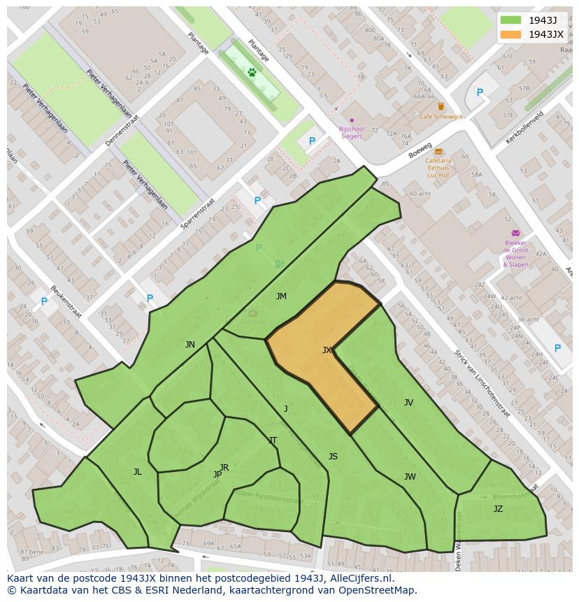 Afbeelding van het postcodegebied 1943 JX op de kaart.