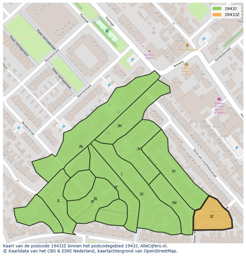 Afbeelding van het postcodegebied 1943 JZ op de kaart.