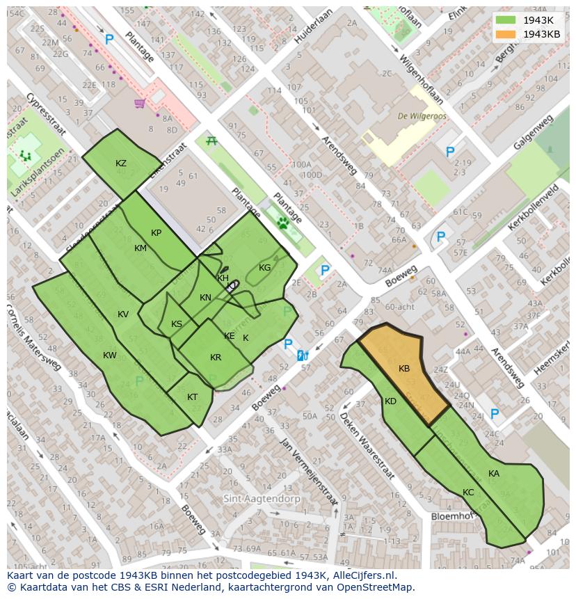 Afbeelding van het postcodegebied 1943 KB op de kaart.