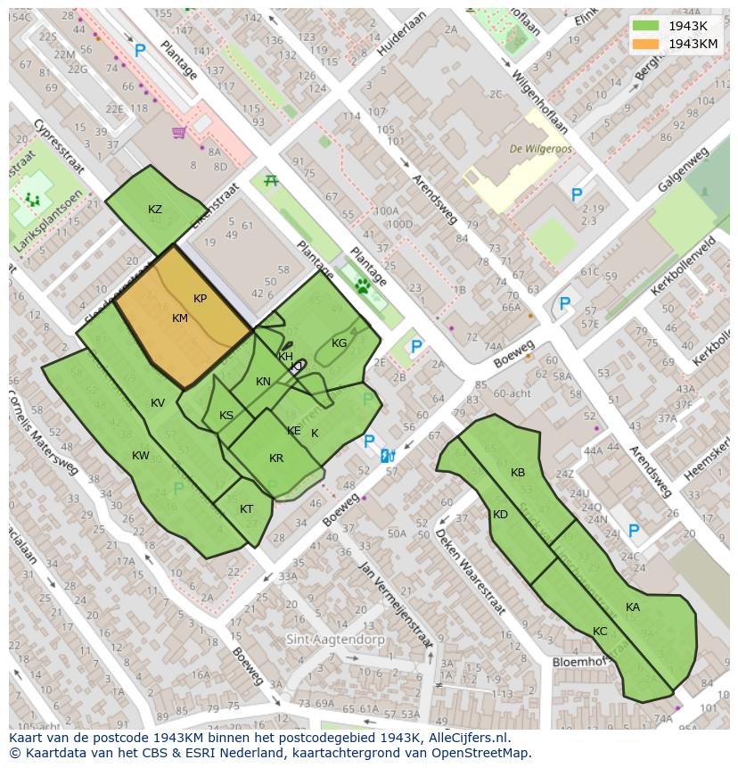 Afbeelding van het postcodegebied 1943 KM op de kaart.