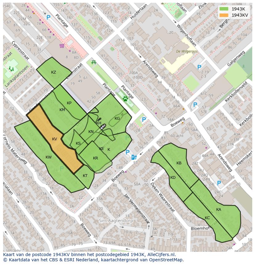 Afbeelding van het postcodegebied 1943 KV op de kaart.