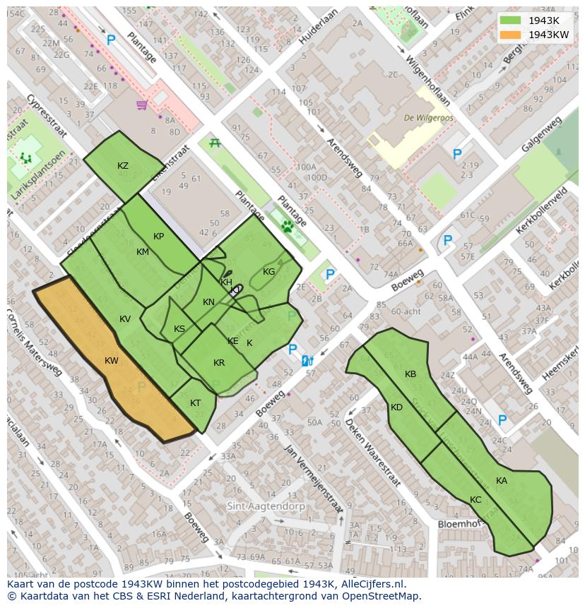 Afbeelding van het postcodegebied 1943 KW op de kaart.
