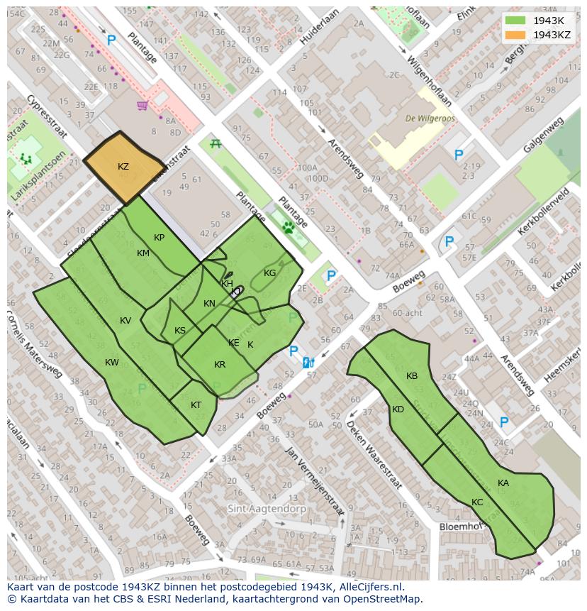 Afbeelding van het postcodegebied 1943 KZ op de kaart.