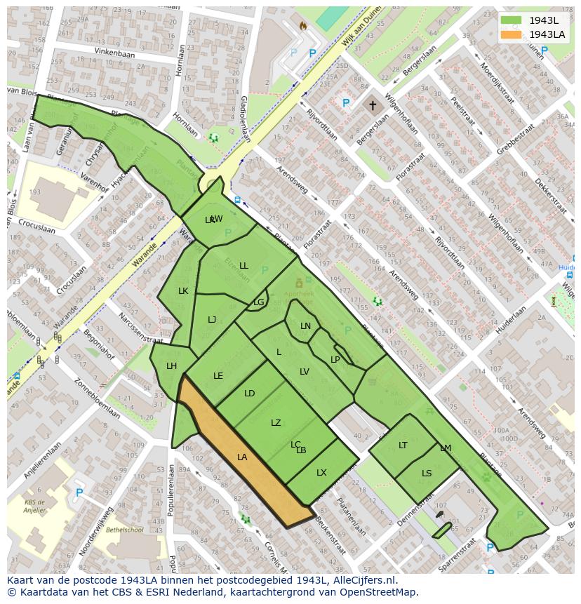 Afbeelding van het postcodegebied 1943 LA op de kaart.