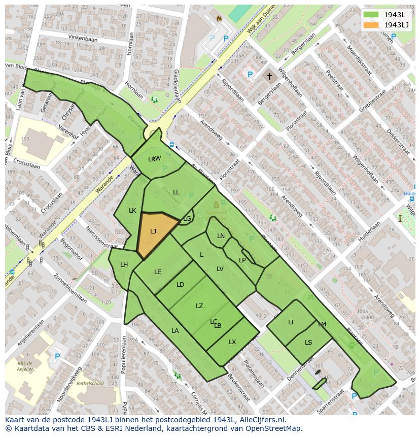 Afbeelding van het postcodegebied 1943 LJ op de kaart.