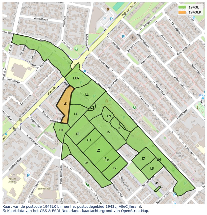 Afbeelding van het postcodegebied 1943 LK op de kaart.