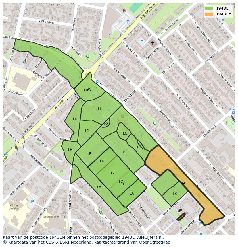 Afbeelding van het postcodegebied 1943 LM op de kaart.