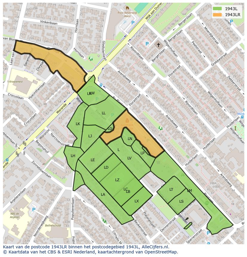 Afbeelding van het postcodegebied 1943 LR op de kaart.