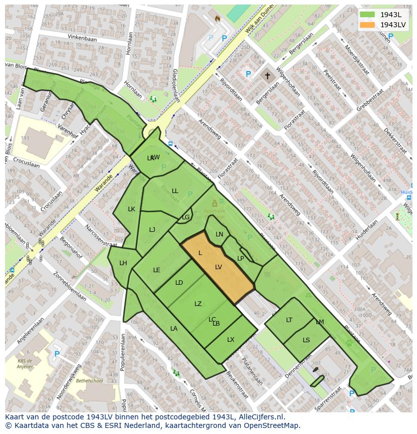 Afbeelding van het postcodegebied 1943 LV op de kaart.