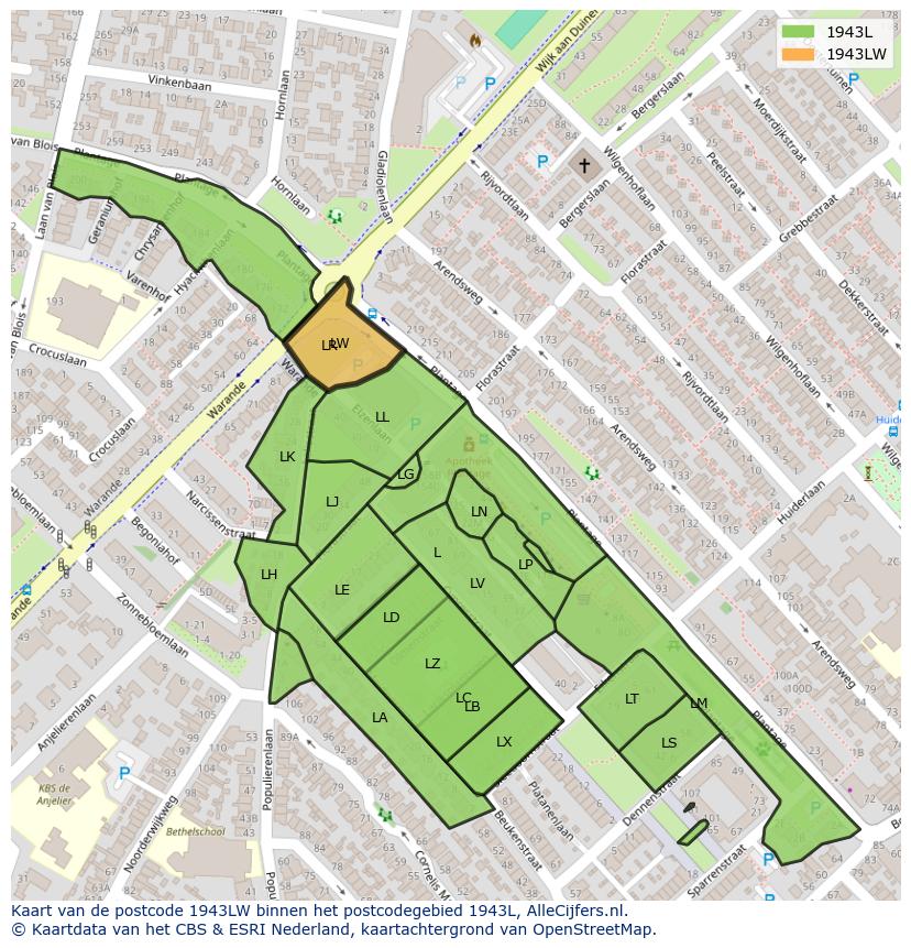 Afbeelding van het postcodegebied 1943 LW op de kaart.