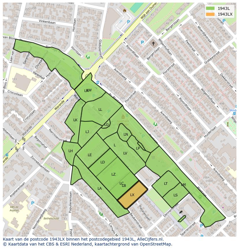 Afbeelding van het postcodegebied 1943 LX op de kaart.