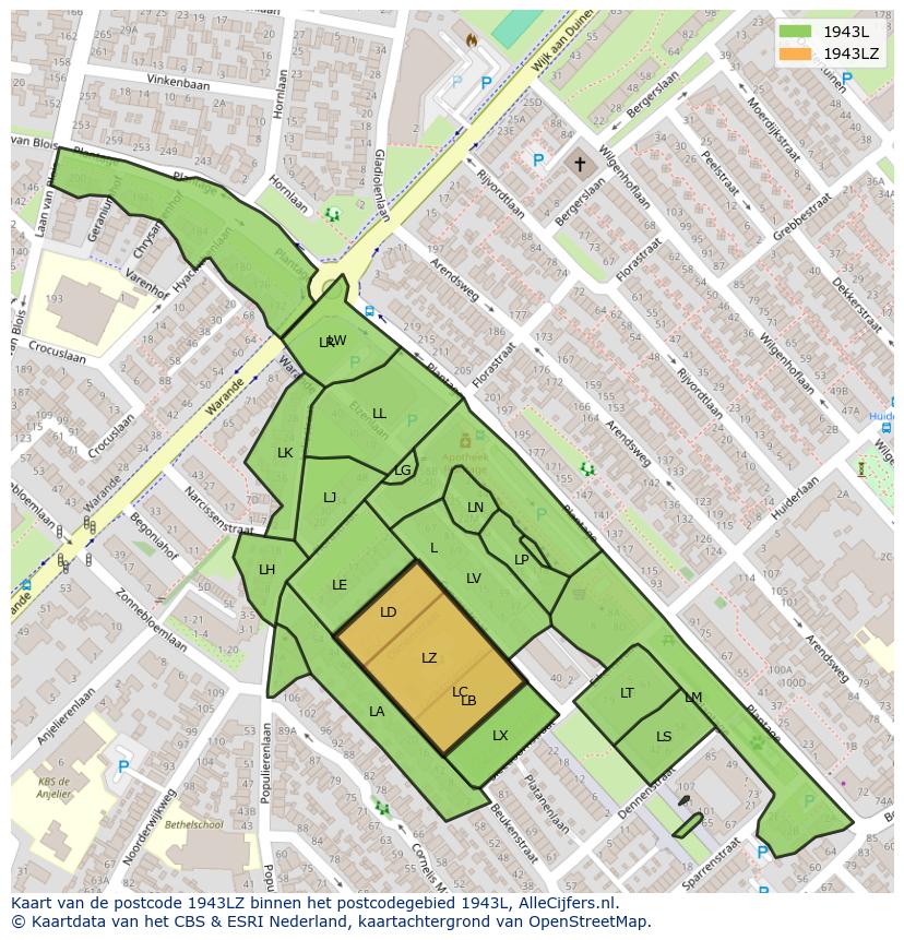 Afbeelding van het postcodegebied 1943 LZ op de kaart.