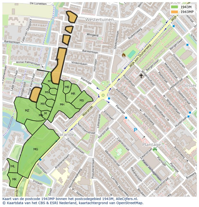 Afbeelding van het postcodegebied 1943 MP op de kaart.