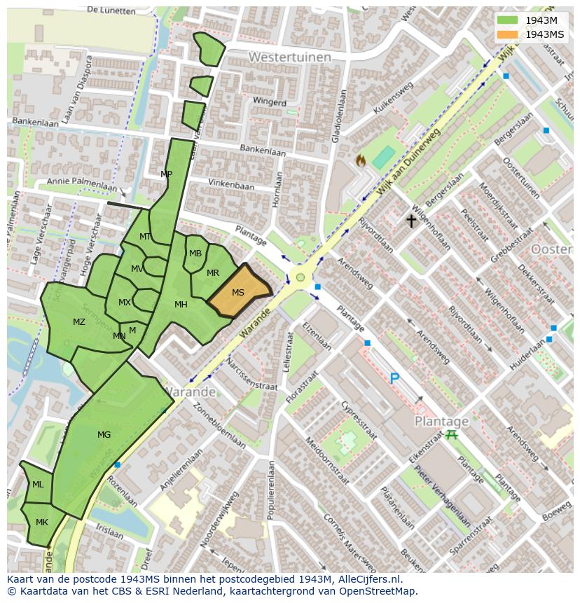 Afbeelding van het postcodegebied 1943 MS op de kaart.