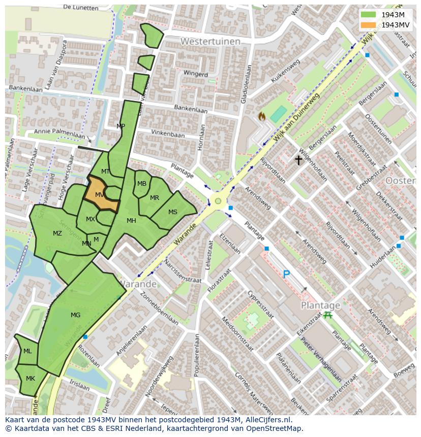 Afbeelding van het postcodegebied 1943 MV op de kaart.