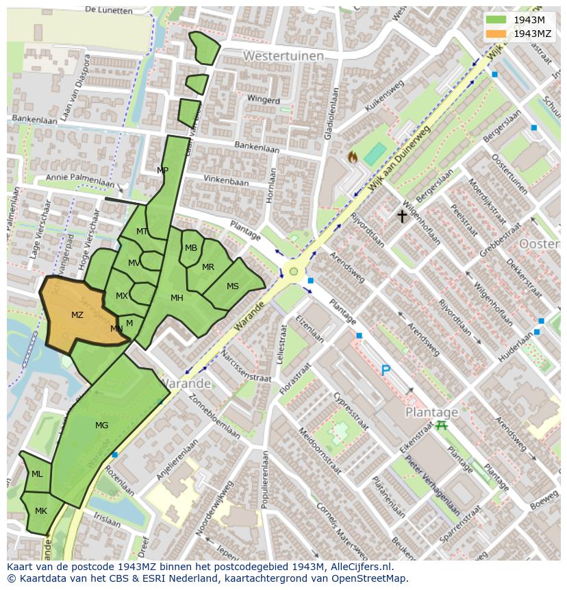 Afbeelding van het postcodegebied 1943 MZ op de kaart.