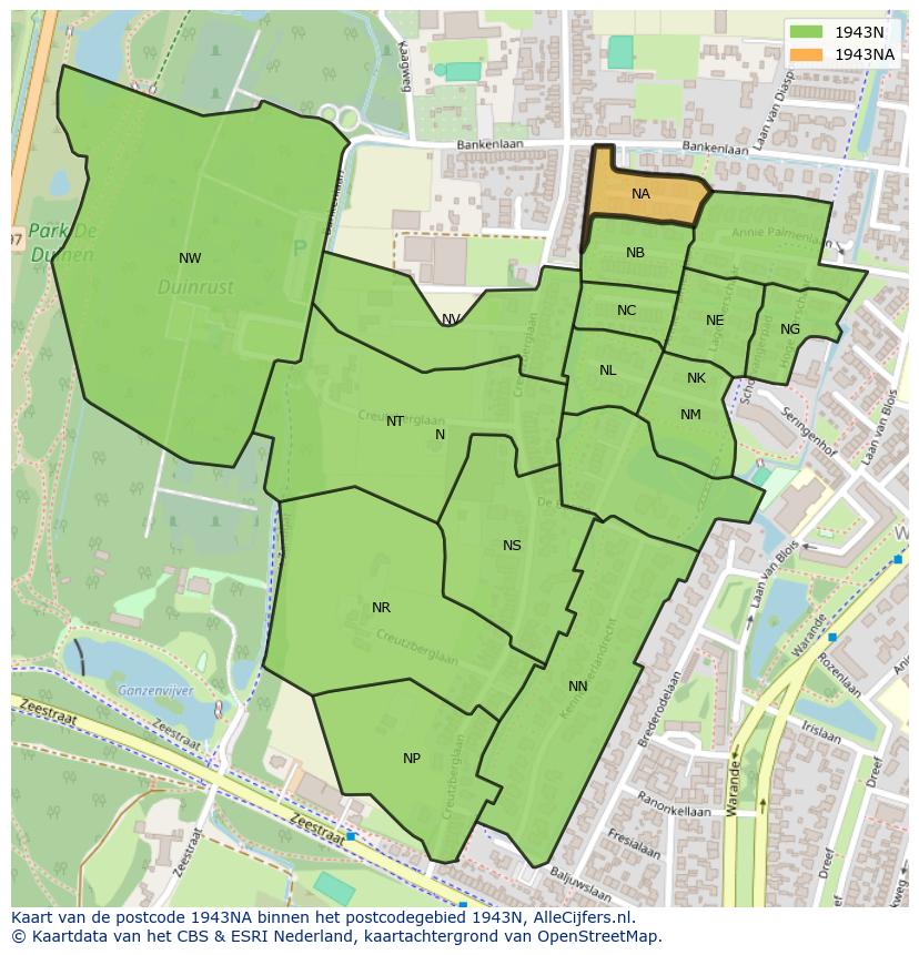 Afbeelding van het postcodegebied 1943 NA op de kaart.