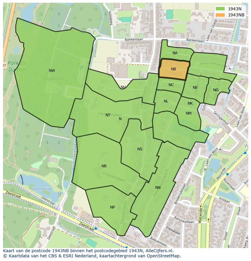 Afbeelding van het postcodegebied 1943 NB op de kaart.
