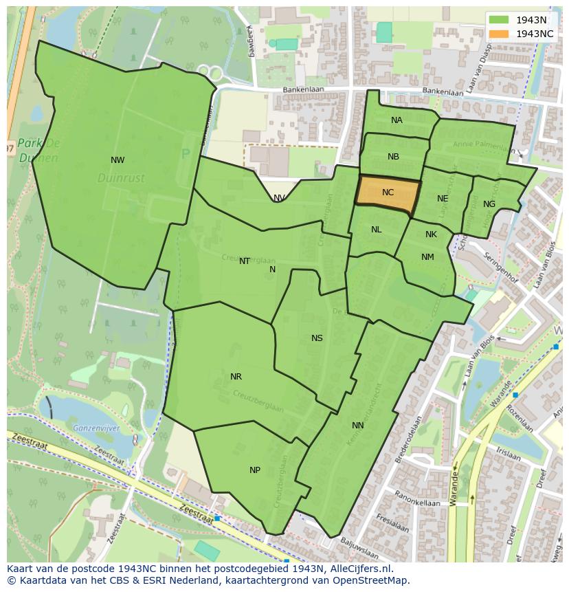 Afbeelding van het postcodegebied 1943 NC op de kaart.