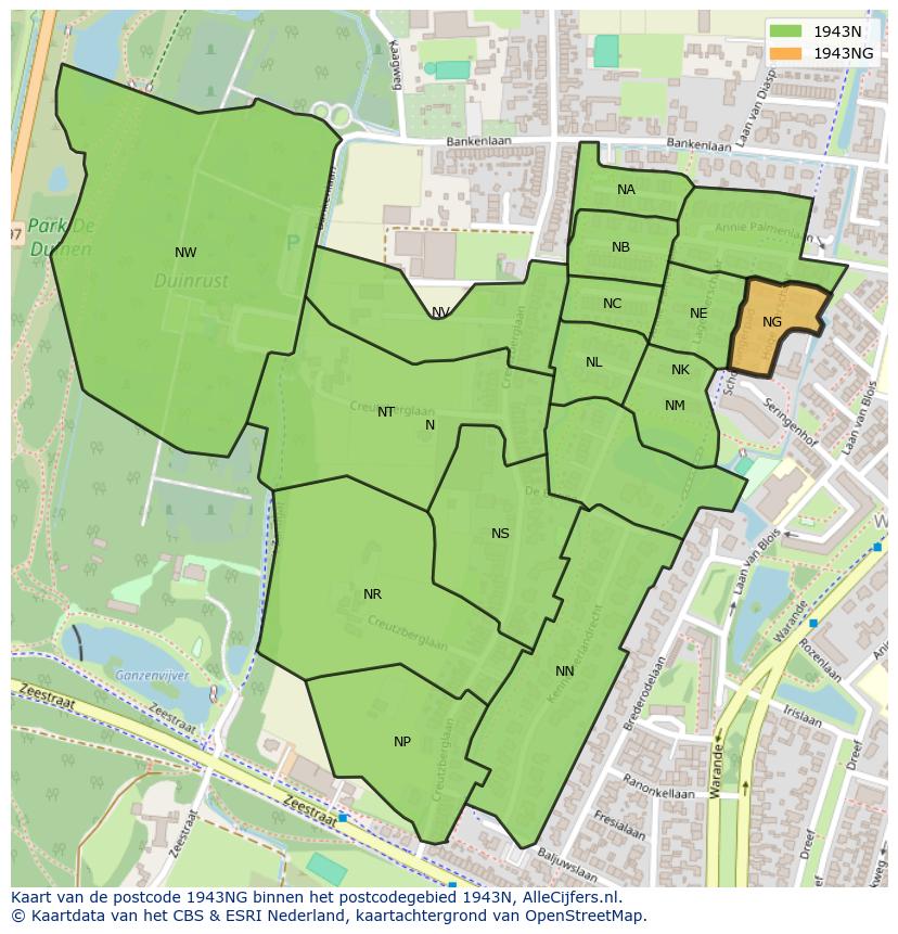 Afbeelding van het postcodegebied 1943 NG op de kaart.
