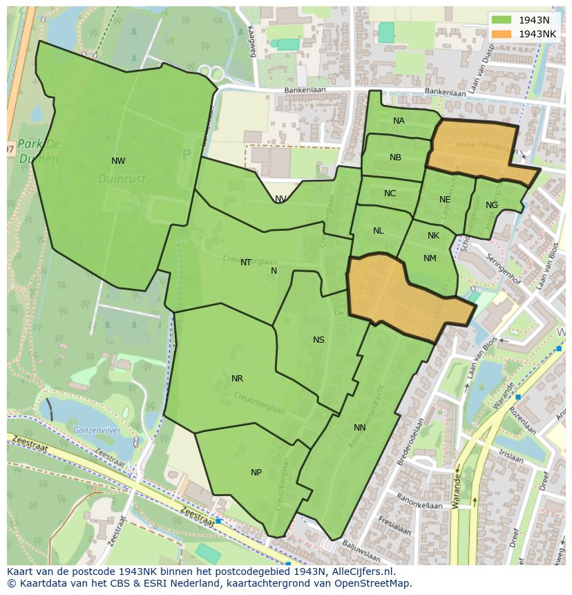 Afbeelding van het postcodegebied 1943 NK op de kaart.