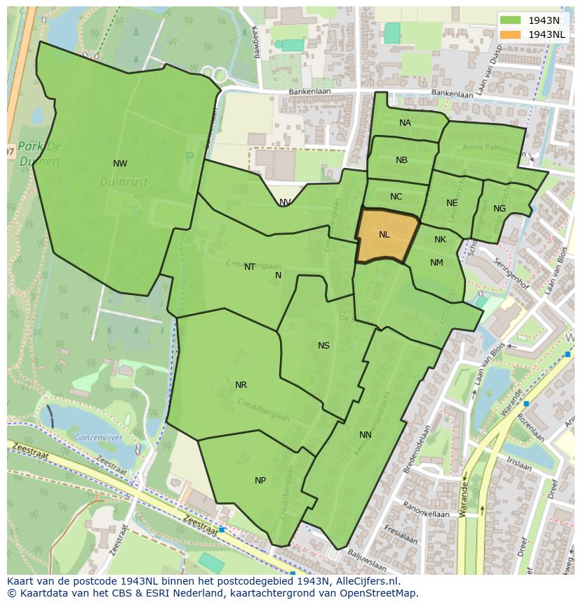 Afbeelding van het postcodegebied 1943 NL op de kaart.