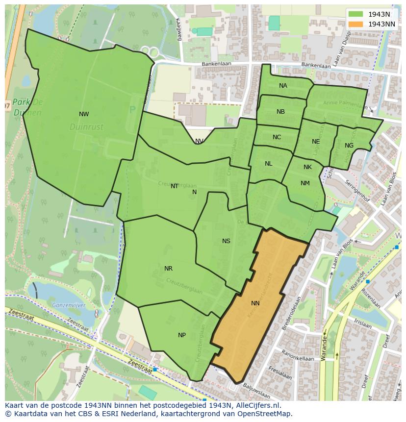 Afbeelding van het postcodegebied 1943 NN op de kaart.