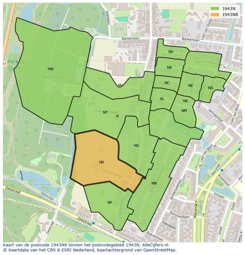 Afbeelding van het postcodegebied 1943 NR op de kaart.