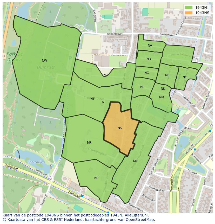 Afbeelding van het postcodegebied 1943 NS op de kaart.