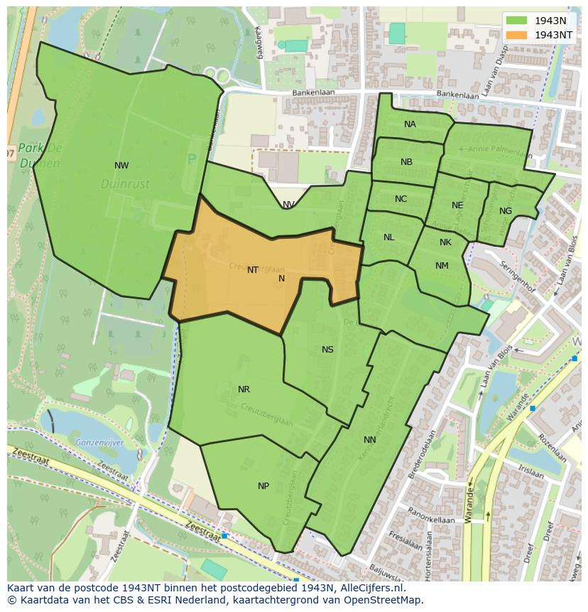 Afbeelding van het postcodegebied 1943 NT op de kaart.