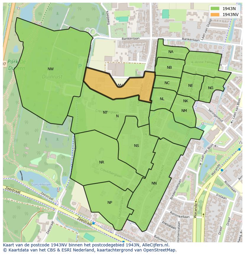Afbeelding van het postcodegebied 1943 NV op de kaart.