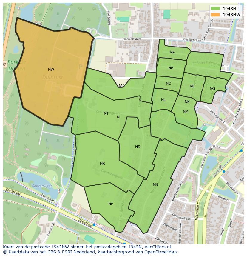 Afbeelding van het postcodegebied 1943 NW op de kaart.