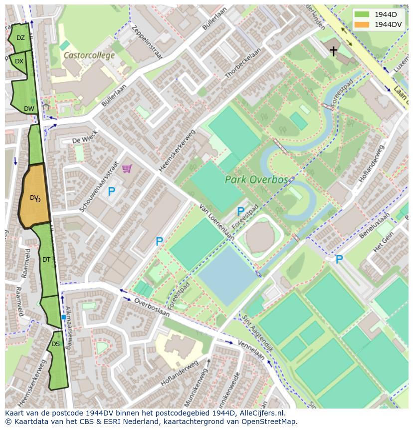 Afbeelding van het postcodegebied 1944 DV op de kaart.
