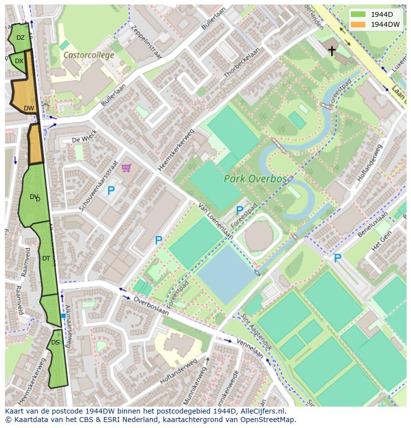 Afbeelding van het postcodegebied 1944 DW op de kaart.