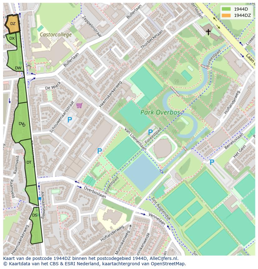 Afbeelding van het postcodegebied 1944 DZ op de kaart.