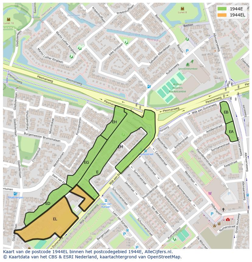 Afbeelding van het postcodegebied 1944 EL op de kaart.
