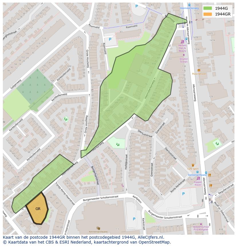 Afbeelding van het postcodegebied 1944 GR op de kaart.