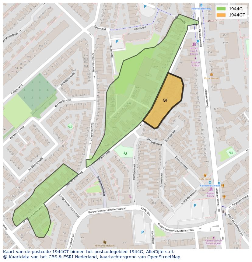Afbeelding van het postcodegebied 1944 GT op de kaart.