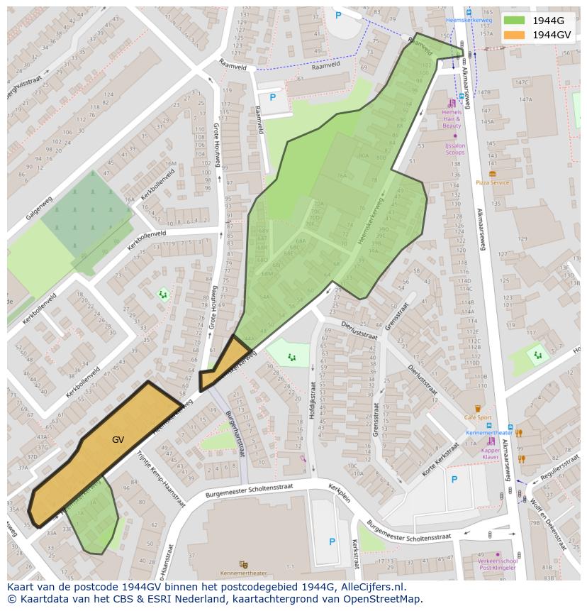 Afbeelding van het postcodegebied 1944 GV op de kaart.